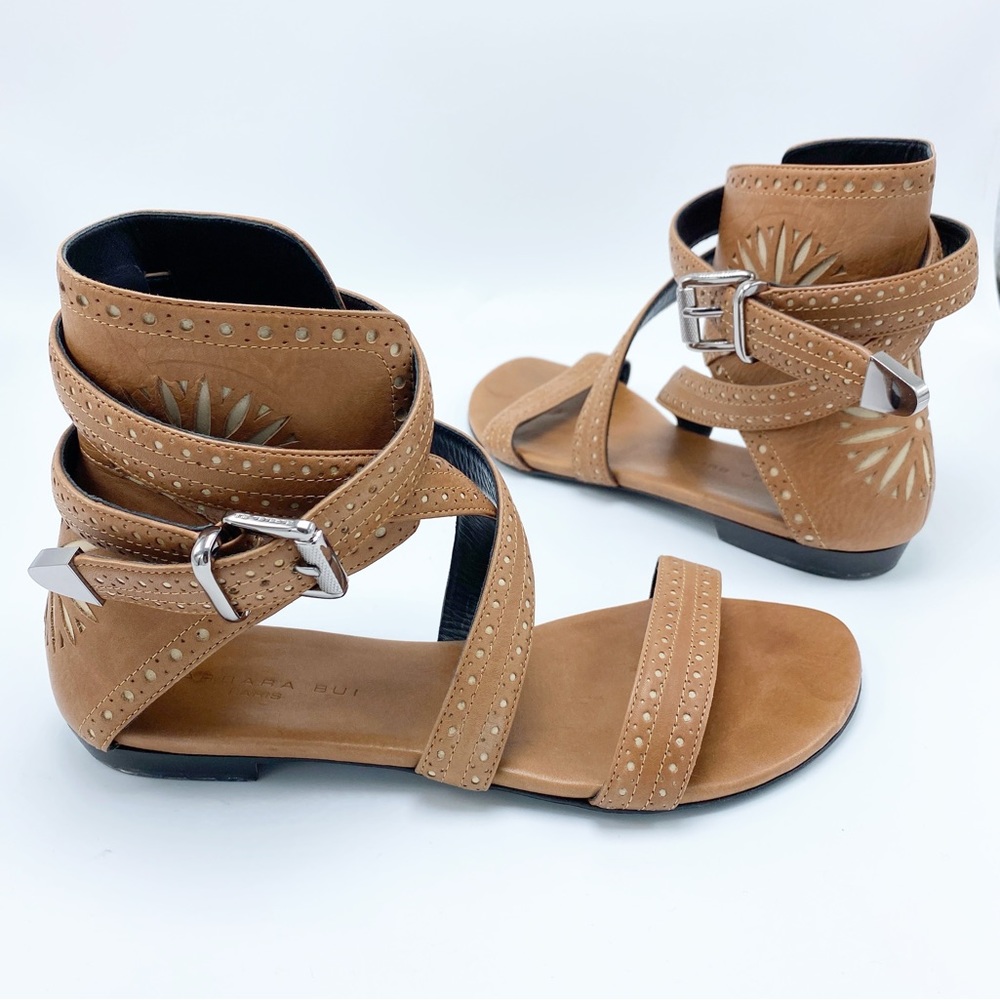 Barbara Bui 38/ 8 perforated tan brown leather strappy flat sandal silver buckle